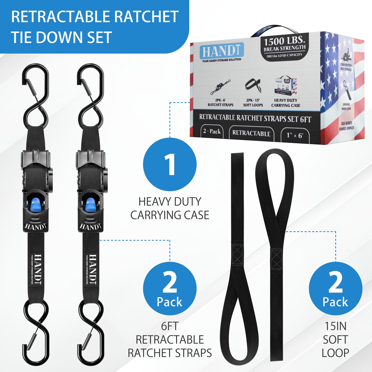 Retractable Ratchet Straps With Soft Loops & Carrying Case