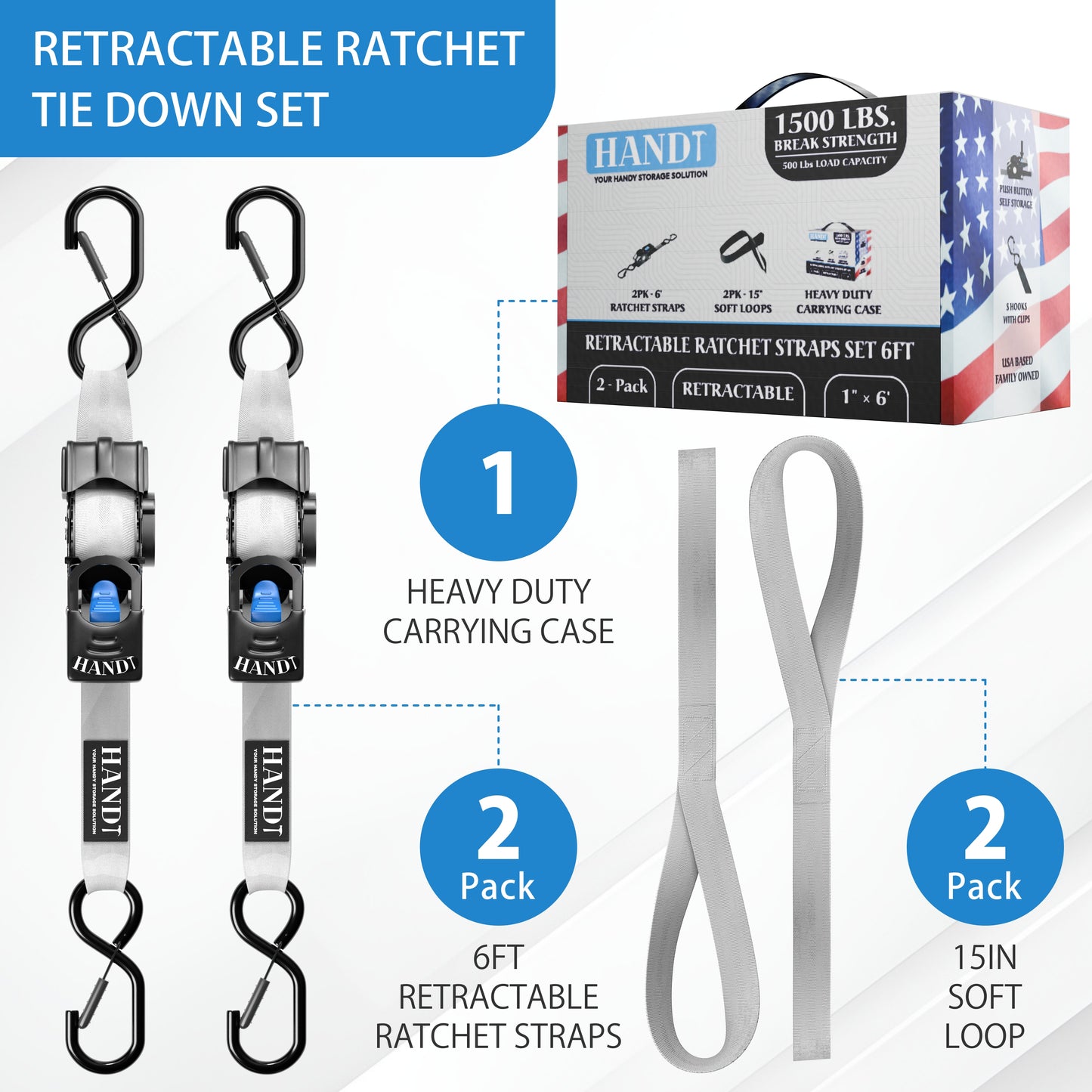 Retractable Ratchet Straps With Soft Loops & Carrying Case
