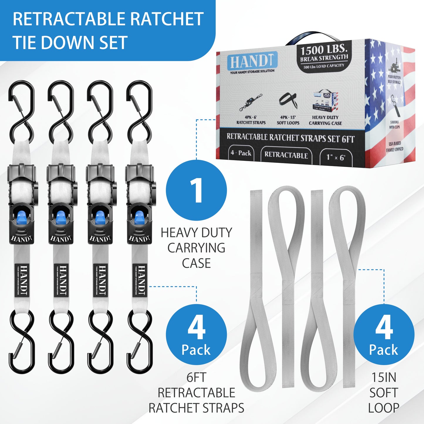Retractable Ratchet Straps With Soft Loops & Carrying Case
