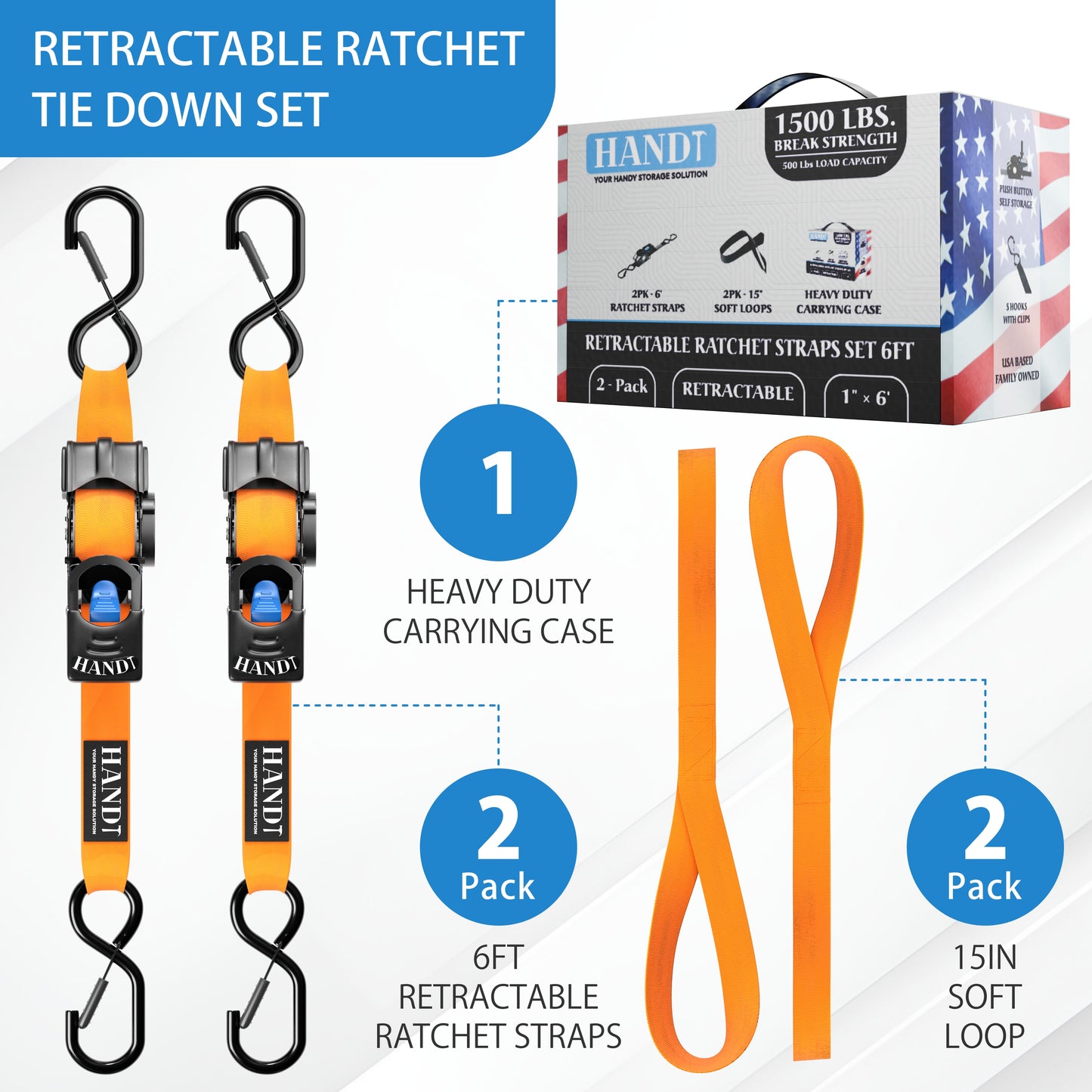 Retractable Ratchet Straps With Soft Loops & Carrying Case