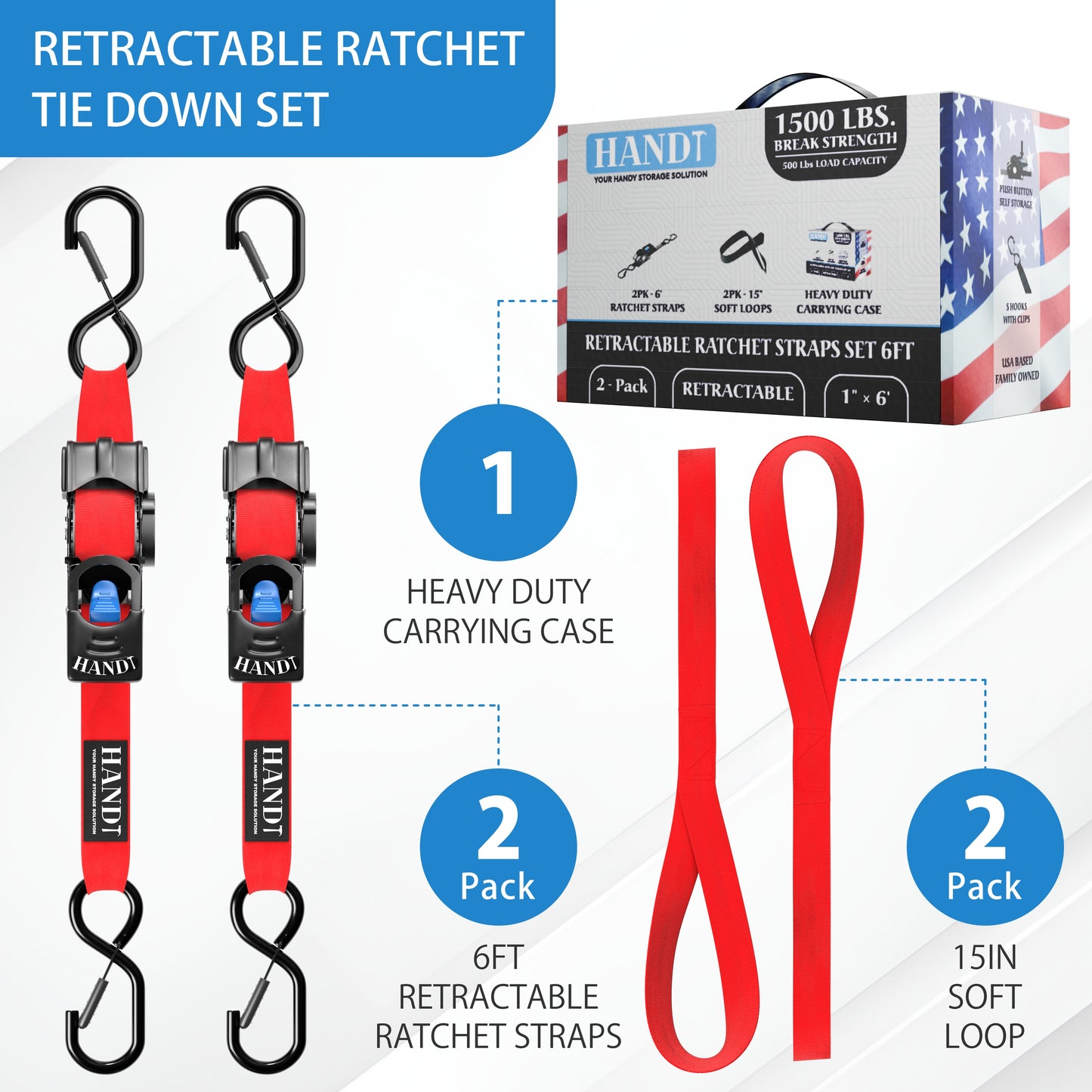 Retractable Ratchet Straps With Soft Loops & Carrying Case