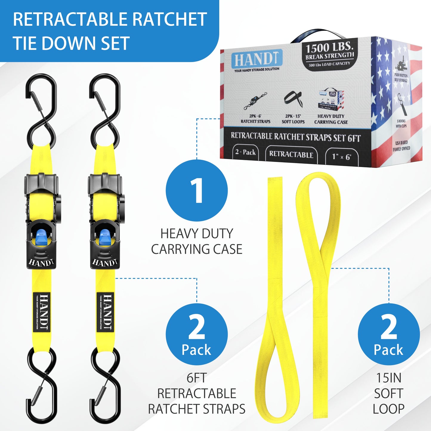 Retractable Ratchet Straps With Soft Loops & Carrying Case