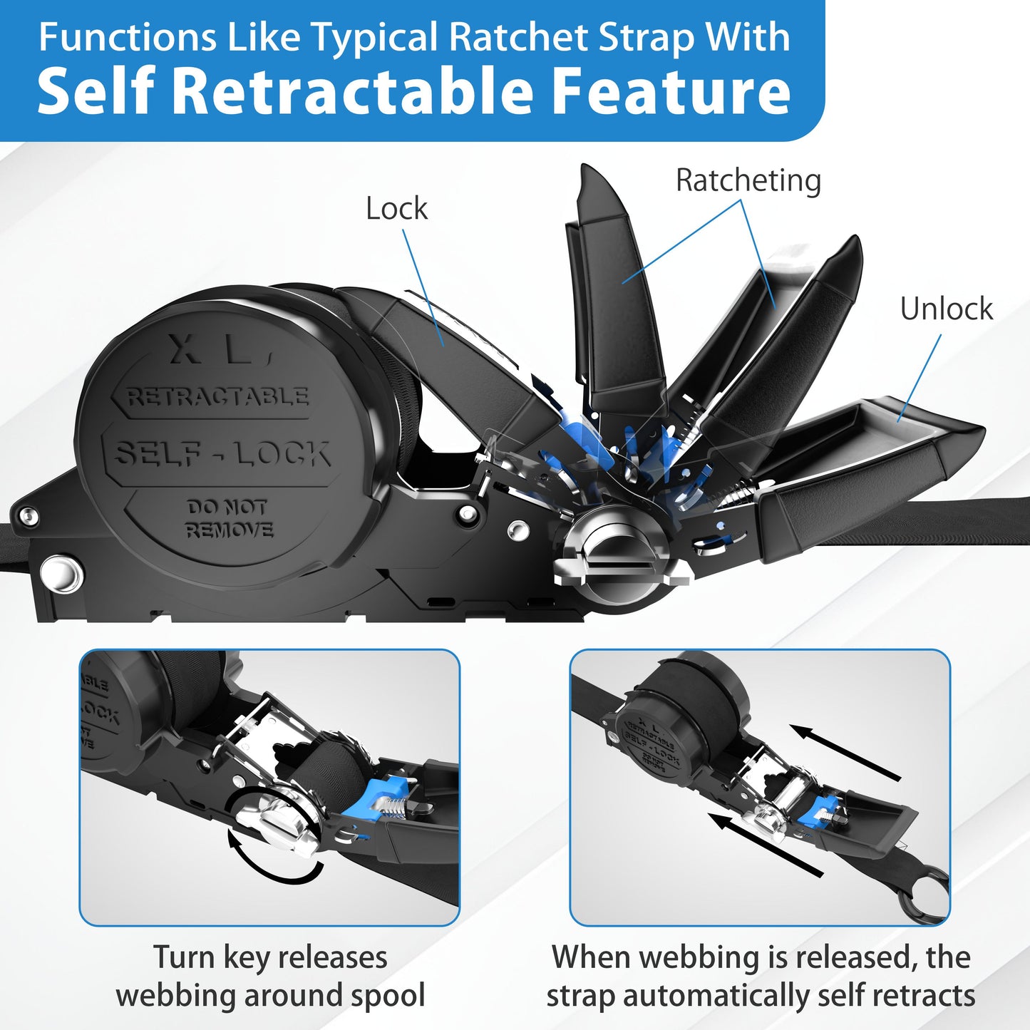 Retractable Ratchet Straps With Soft Loops & Carrying Case