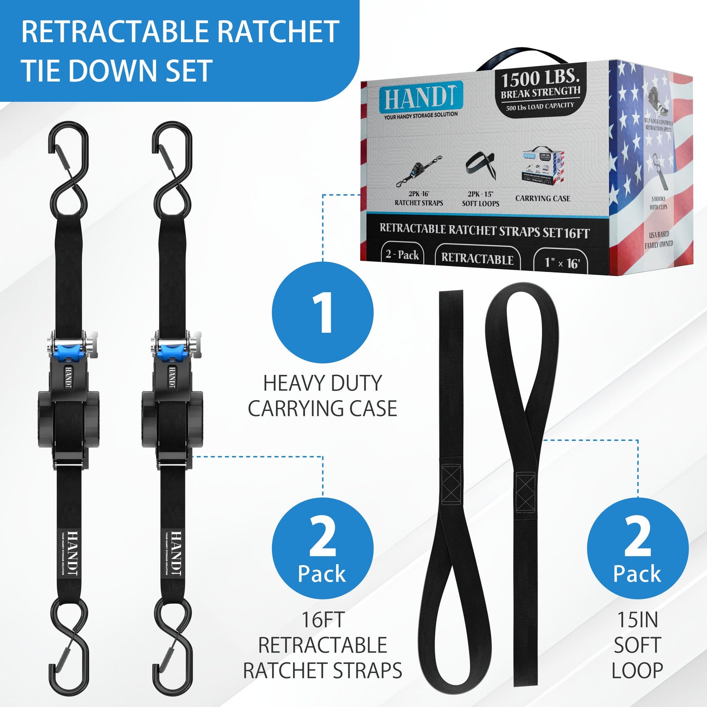 Retractable Ratchet Straps With Soft Loops & Carrying Case