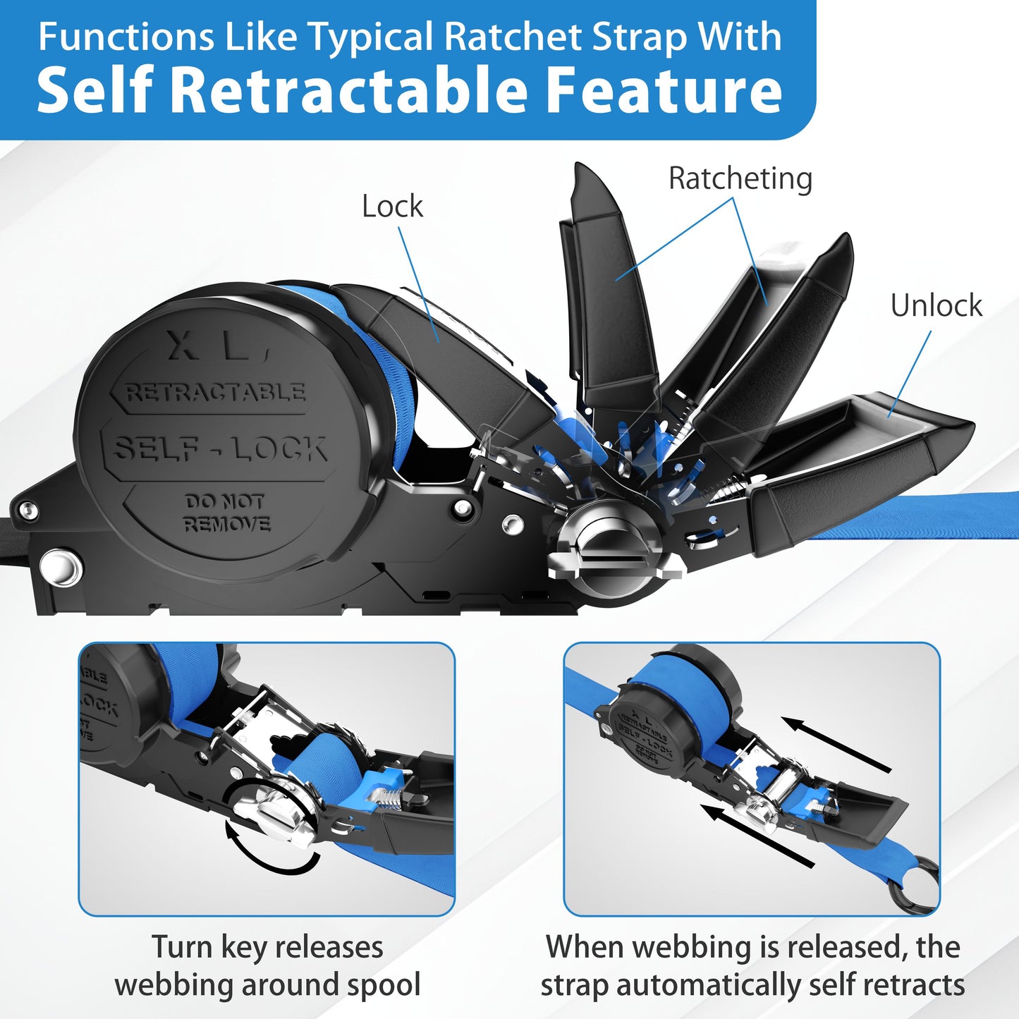 Retractable Ratchet Straps With Soft Loops & Carrying Case