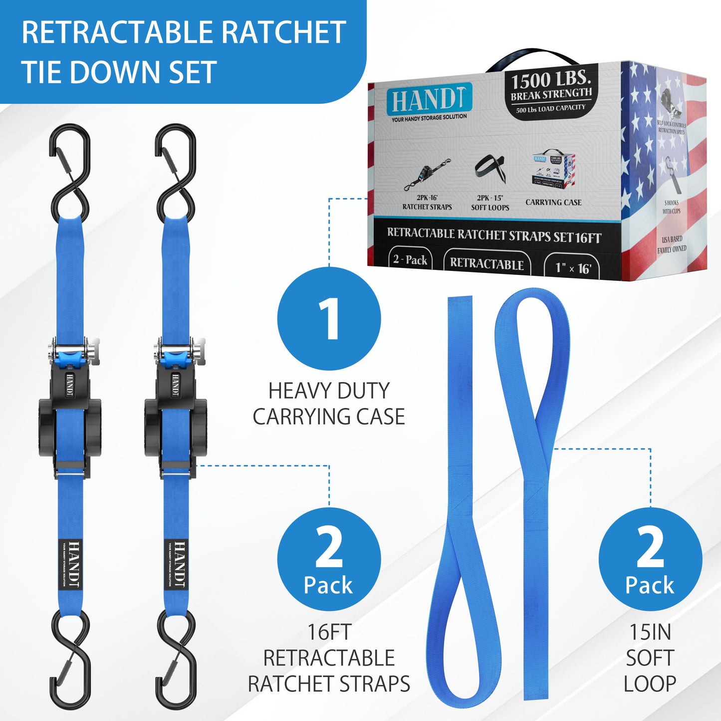Retractable Ratchet Straps With Soft Loops & Carrying Case