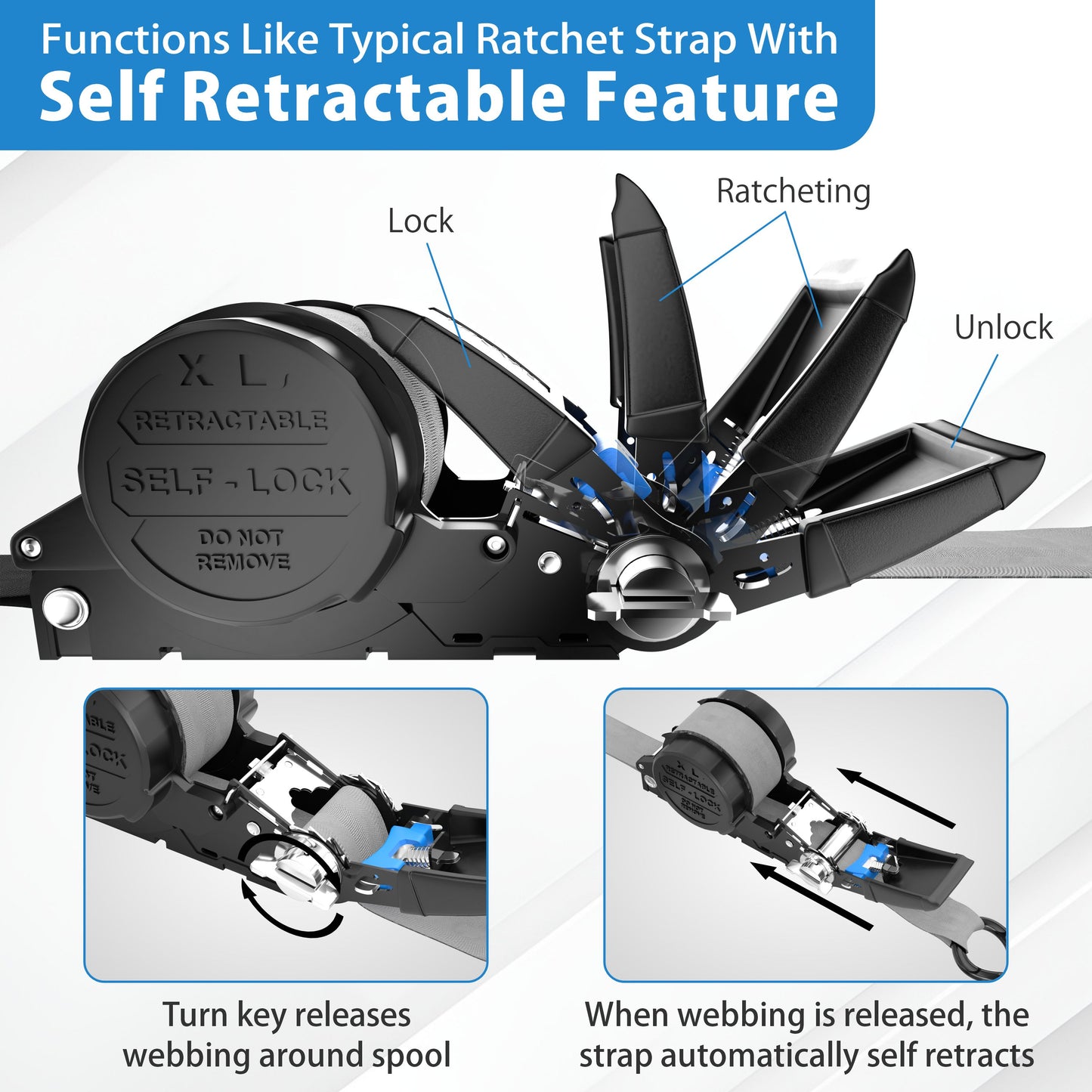 Retractable Ratchet Straps With Soft Loops & Carrying Case