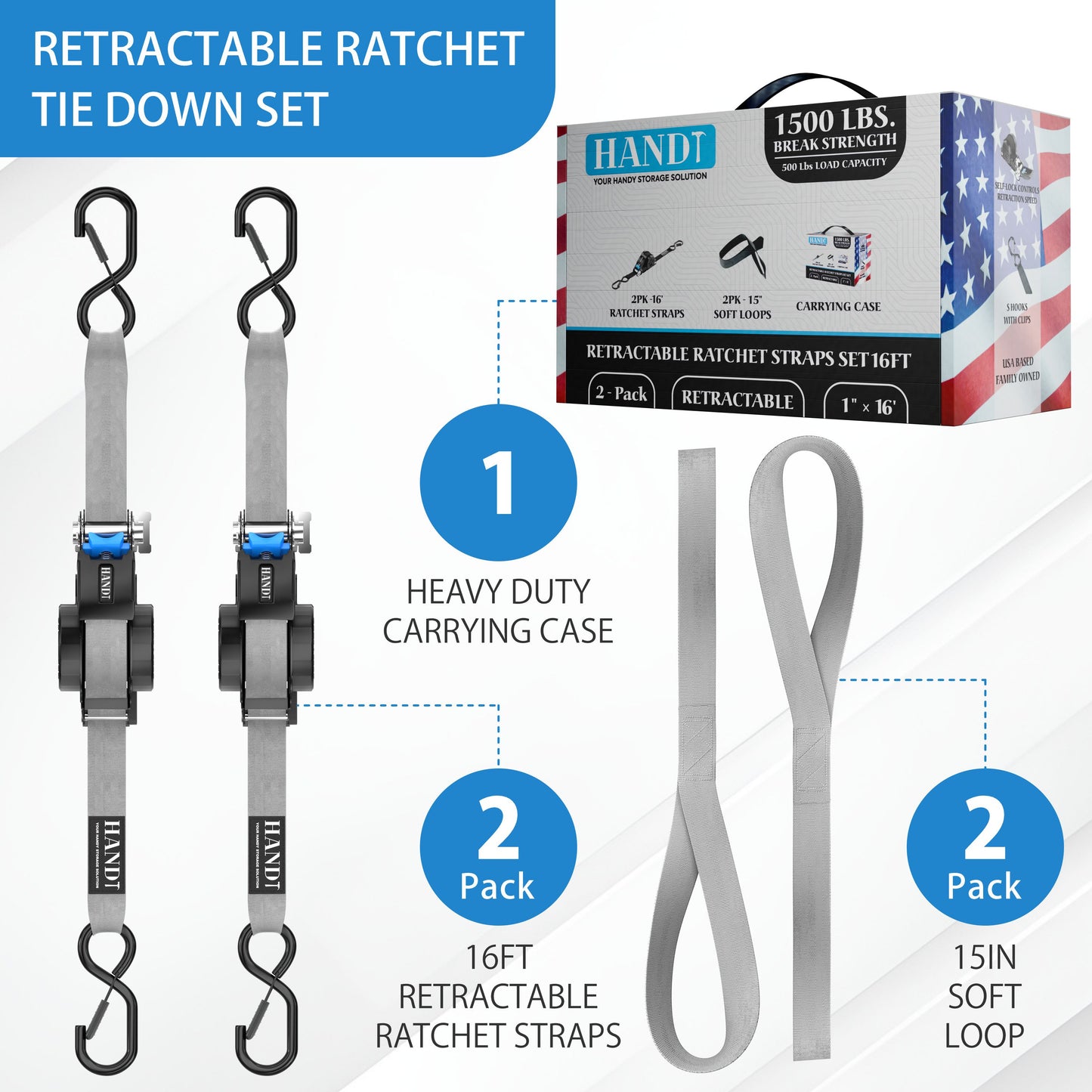 Retractable Ratchet Straps With Soft Loops & Carrying Case