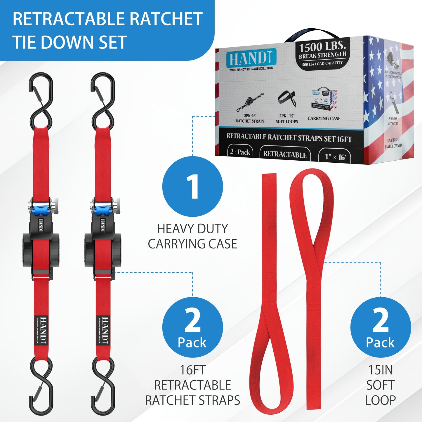 Retractable Ratchet Straps With Soft Loops & Carrying Case