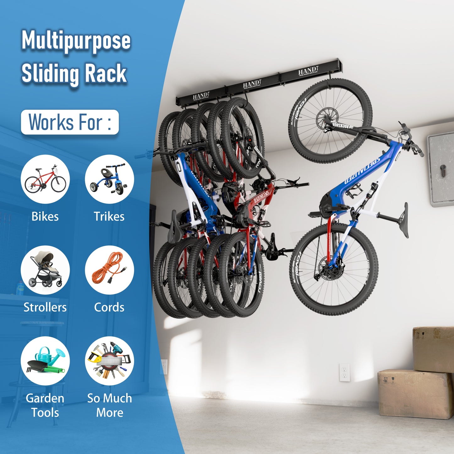Ceiling Bike Sliding Hanger, Mount Up To 6 Bikes, Heavy Duty 450lbs Limit