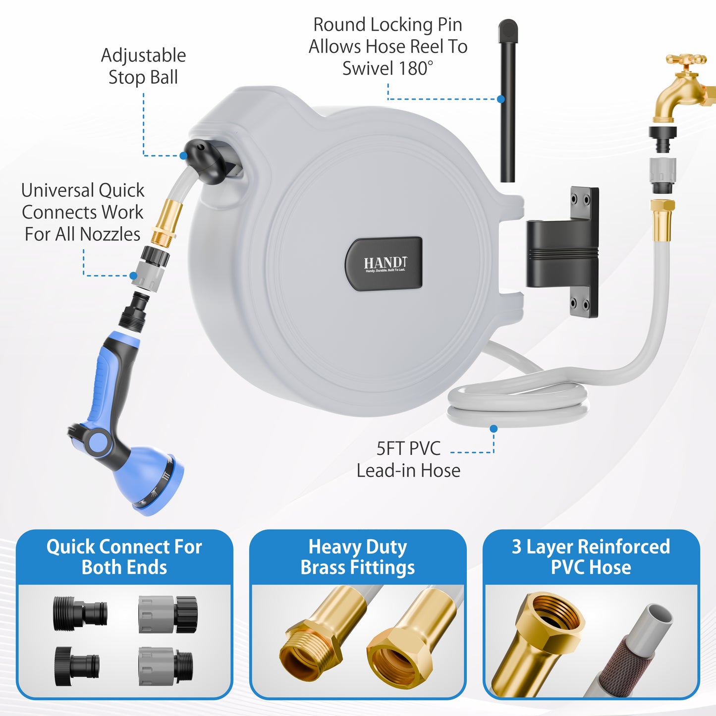 Retractable Garden Hose Reel, Quick Connect With 10-Pattern Nozzle