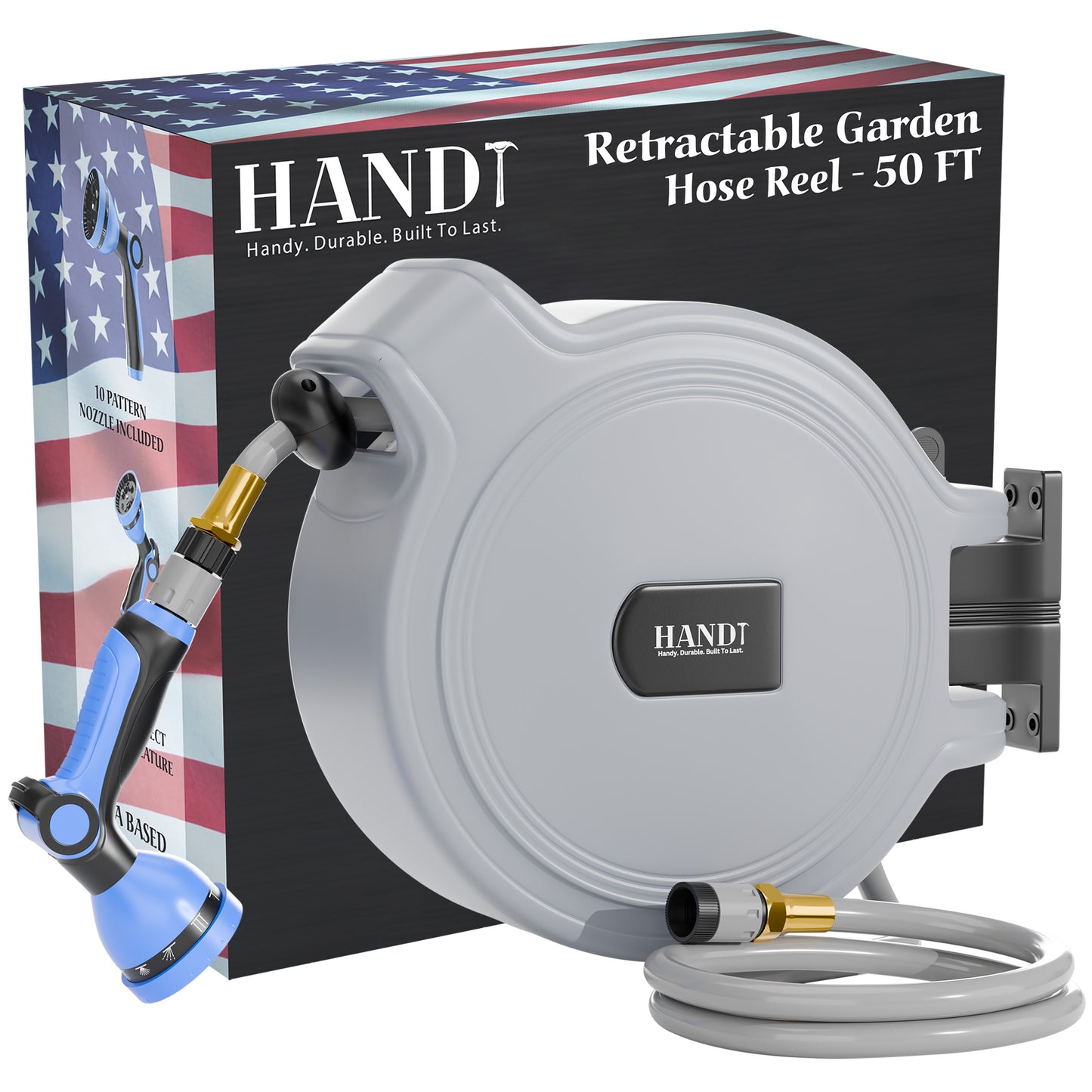 Retractable Garden Hose Reel, Quick Connect With 10-Pattern Nozzle