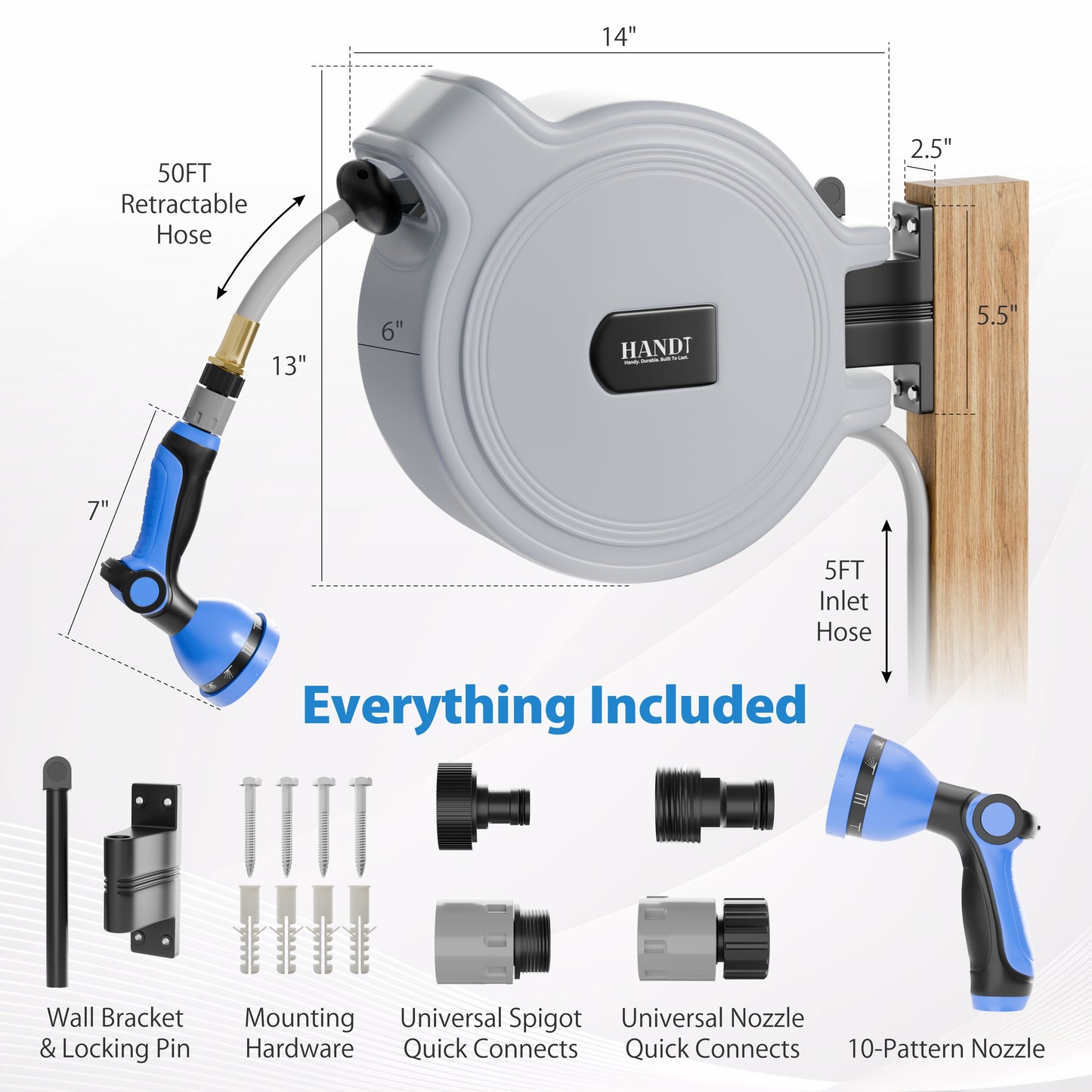 Retractable Garden Hose Reel, Quick Connect With 10-Pattern Nozzle