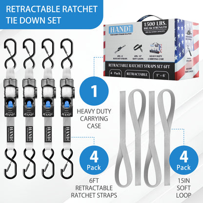 Retractable Ratchet Straps With Soft Loops & Carrying Case