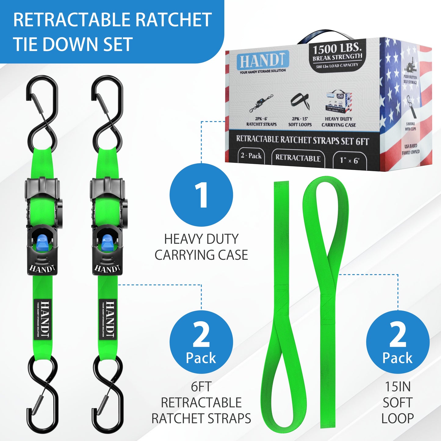 Retractable Ratchet Straps With Soft Loops & Carrying Case