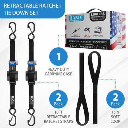 Retractable Ratchet Straps With Soft Loops & Carrying Case