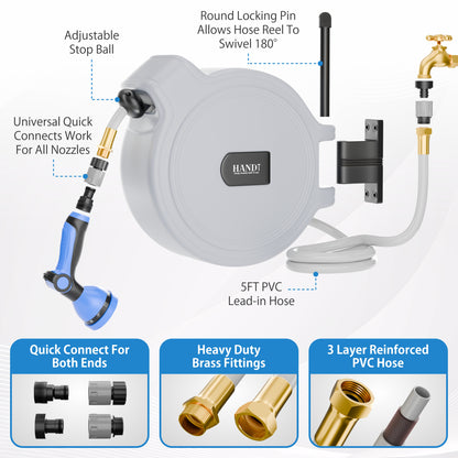 Retractable Garden Hose Reel, Quick Connect With 10-Pattern Nozzle